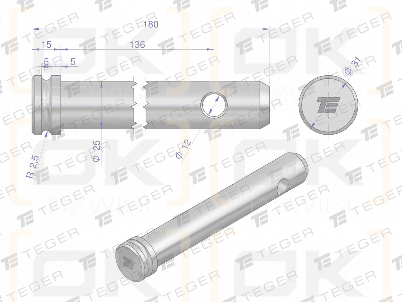 Sworzeń łącznika górnego 25x136x180 TEGER