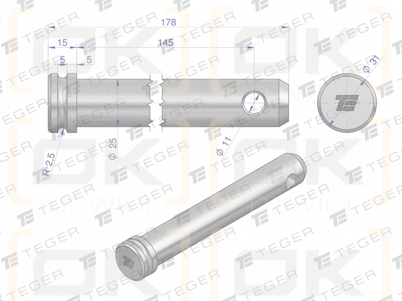 Sworzeń łącznika górnego 25x145x178 TEGER