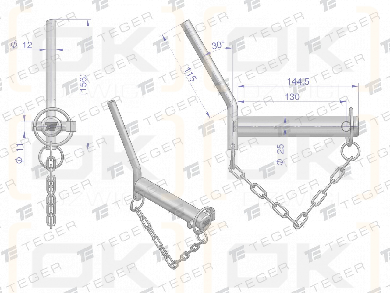 Sworzeń zaczepu z wygiętym uchwytem 25x130 TEGER