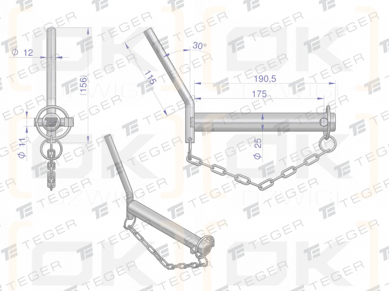 Sworzeń zaczepu z wygiętym uchwytem 25x175 TEGER