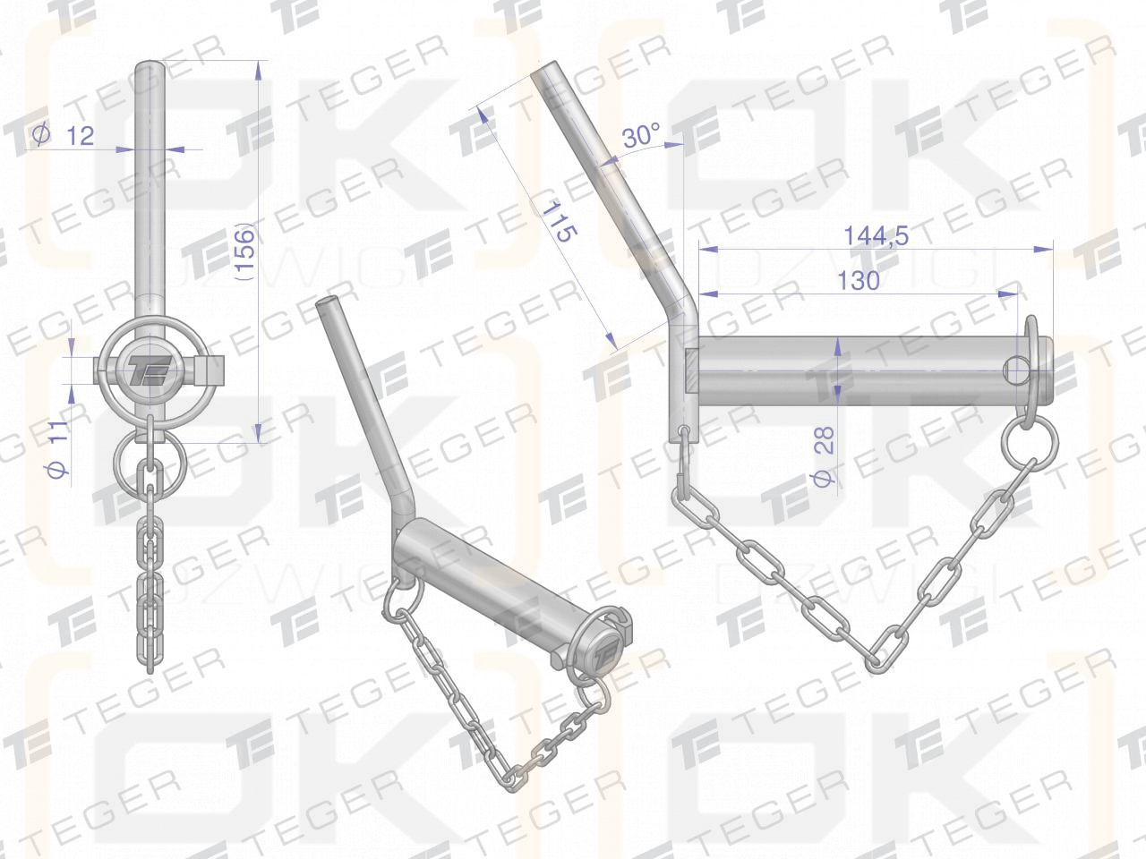 Sworzeń zaczepu z wygiętym uchwytem 28x130 TEGER