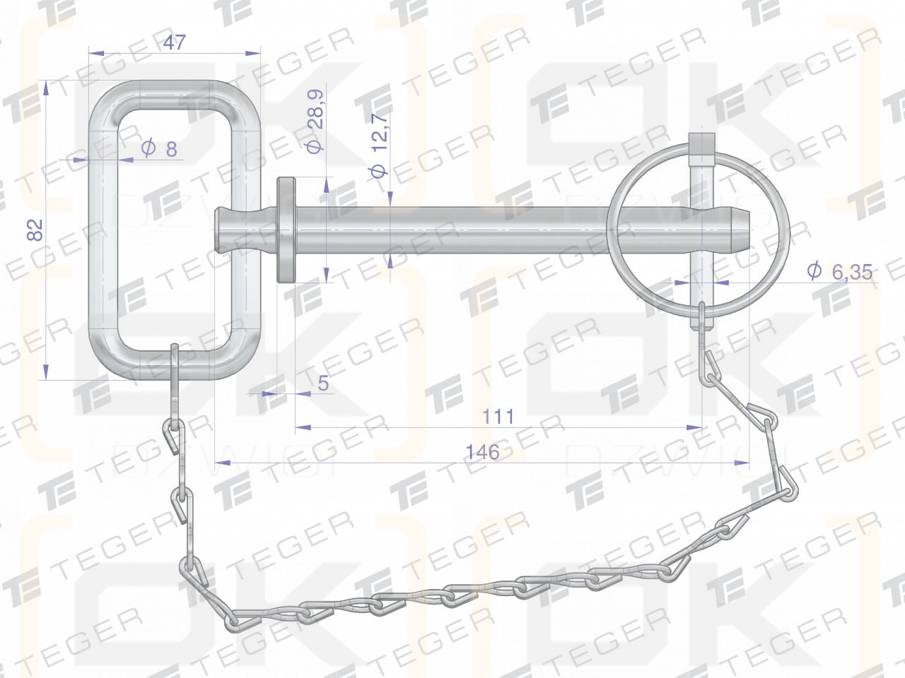 Sworzeń zaczepu z zawleczką i łańcuchem 12.7x111x146 TEGER