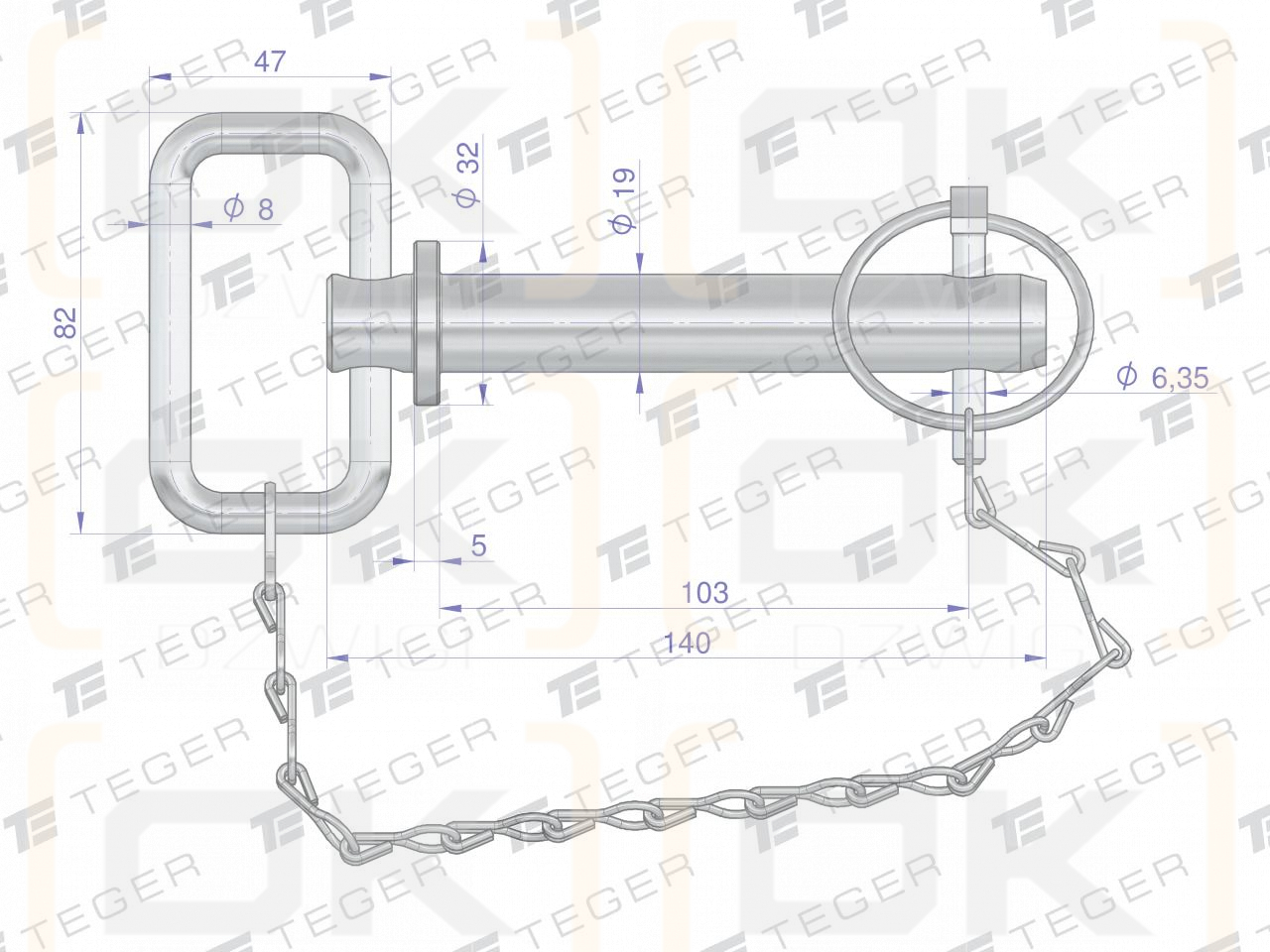 Sworzeń zaczepu z zawleczką i łańcuchem 19x103x140 TEGER
