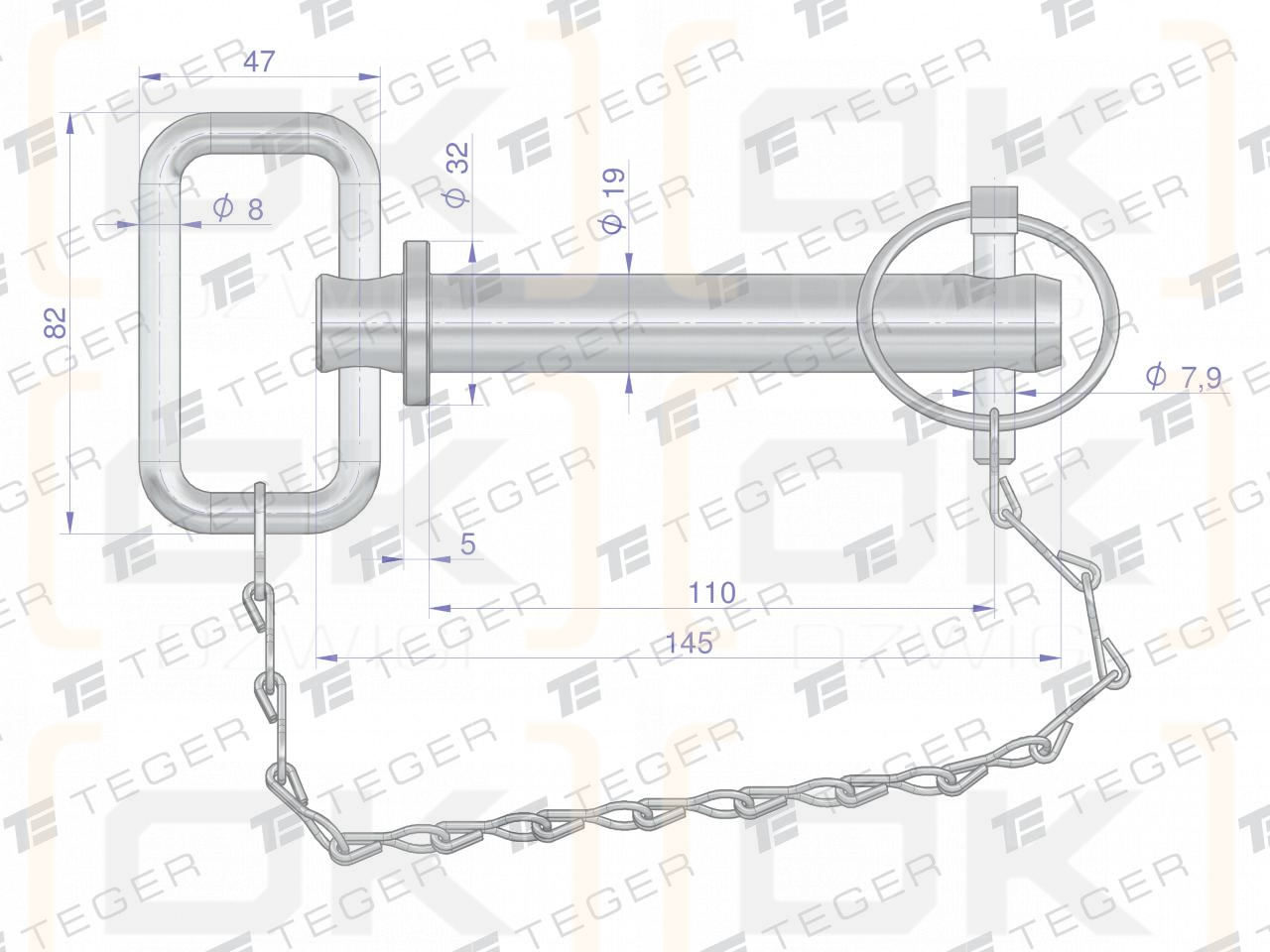 Sworzeń zaczepu z zawleczką i łańcuchem 19x110x145 TEGER