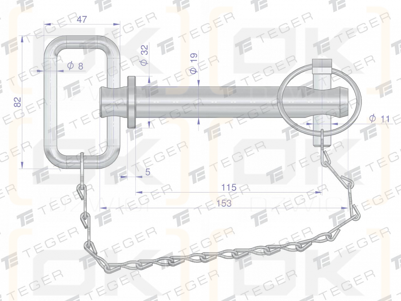 Sworzeń zaczepu z zawleczką i łańcuchem 19x115x153 TEGER