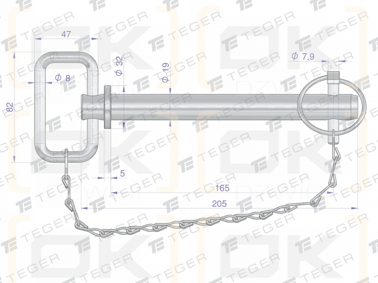 Sworzeń zaczepu z zawleczką i łańcuchem 19x165x205 TEGER