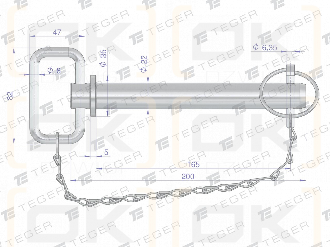 Sworzeń zaczepu z zawleczką i łańcuchem 22x165x200 TEGER