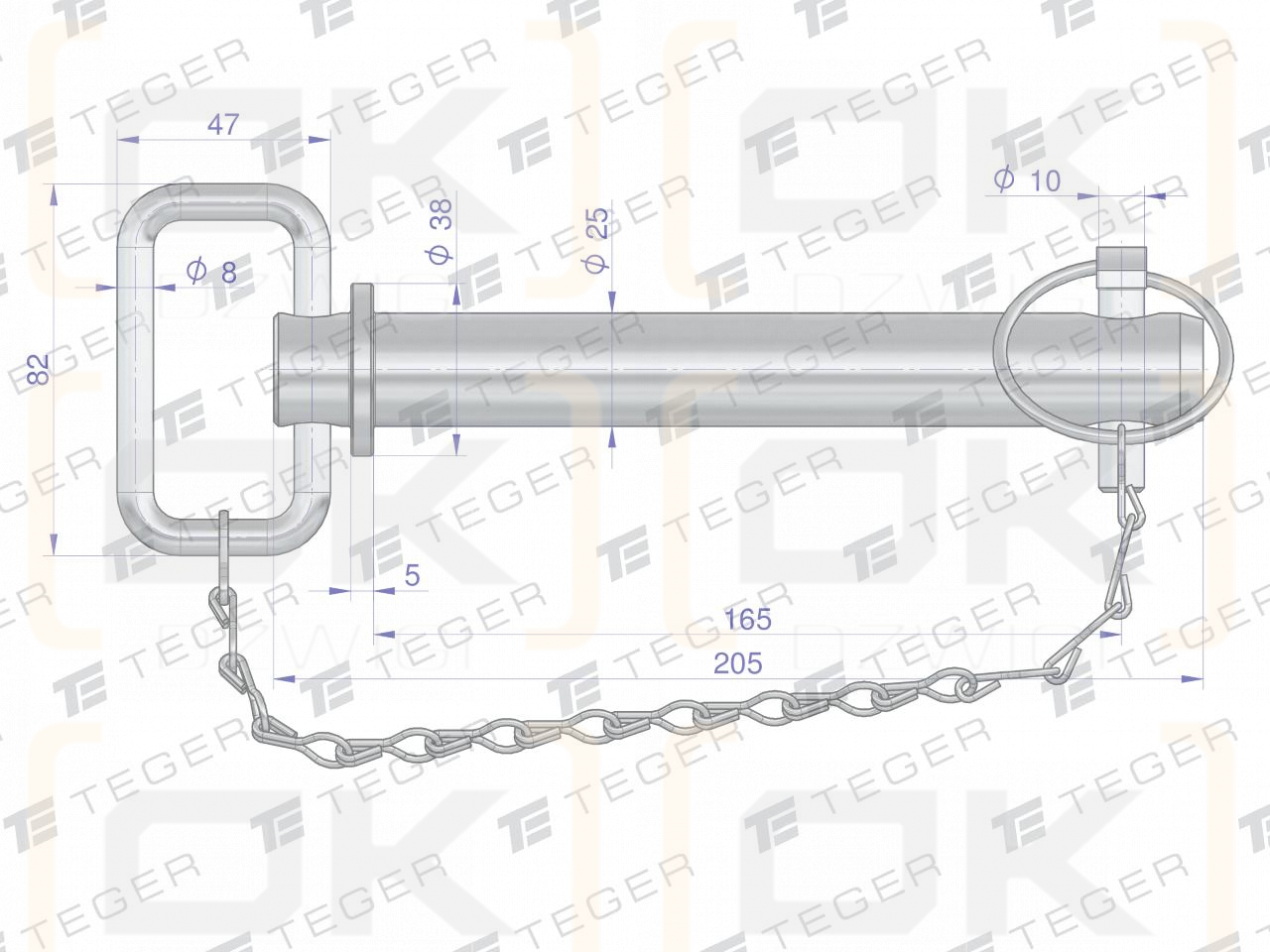 Sworzeń zaczepu z zawleczką i łańcuchem 25x165x205 TEGER