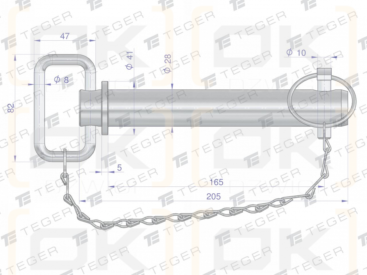 Sworzeń zaczepu z zawleczką i łańcuchem 28x165x205 TEGER