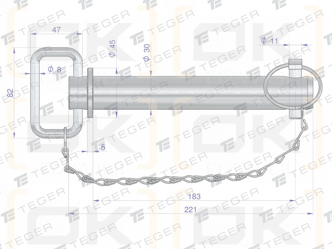 Sworzeń zaczepu z zawleczką i łańcuchem 30x183x221 TEGER