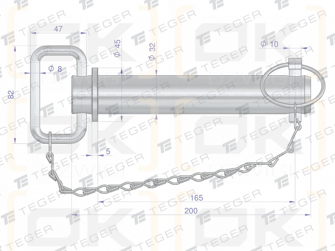 Sworzeń zaczepu z zawleczką i łańcuchem 32x165x200 TEGER