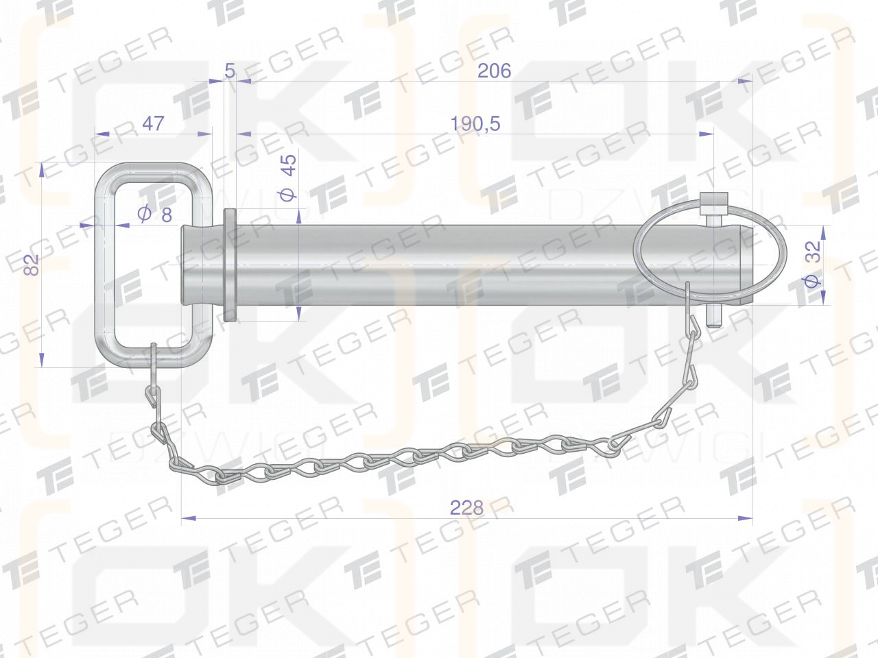 Bolzen mit Splint und Kette 32x190,5x228 TEGER