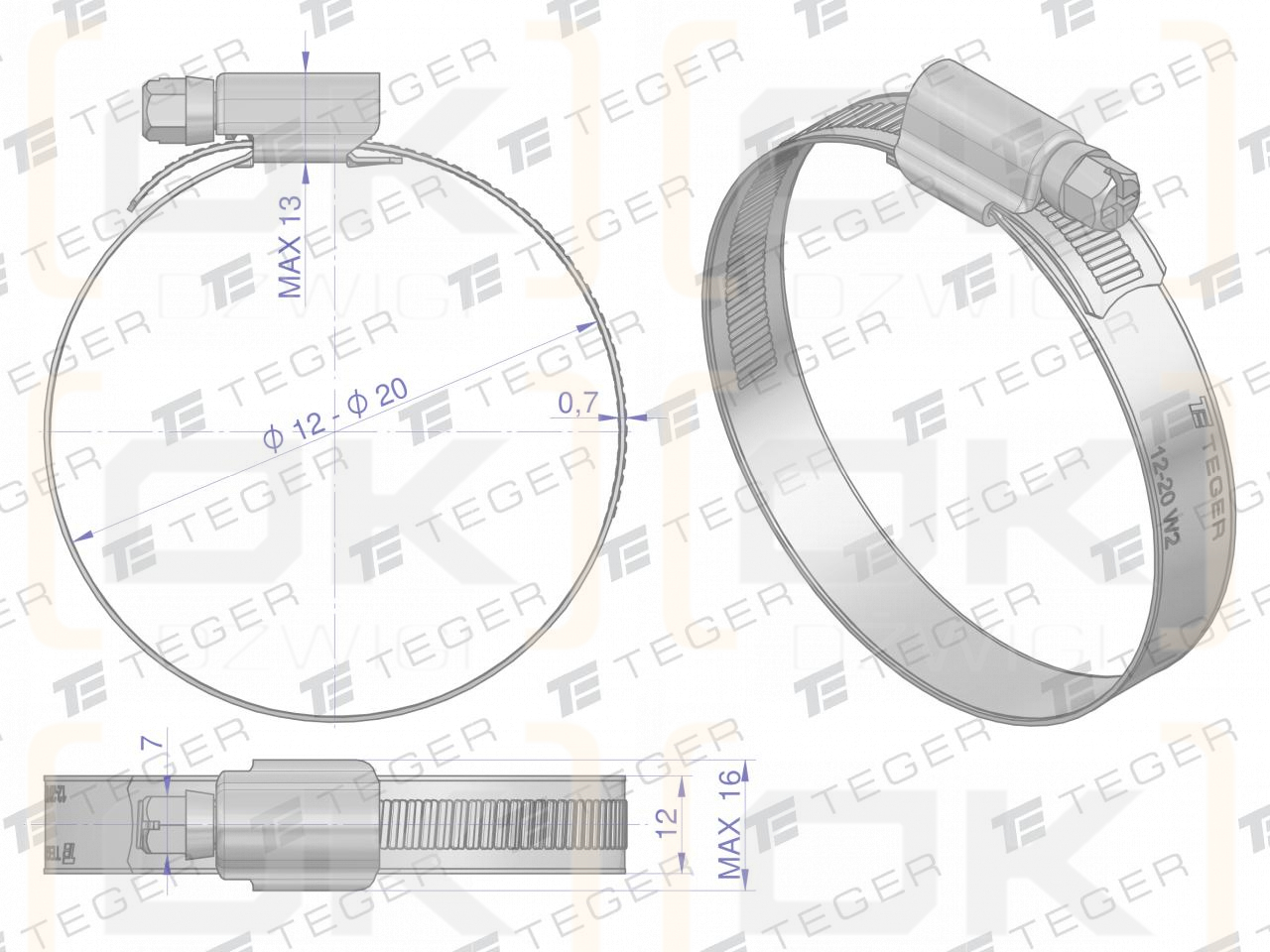 Opaska zaciskowa wzmocniona 12-20 ślimakowa (obejma W2 - stal nierdzewna) szerkość 12mm TEGER ( sprzedawane po 50 )