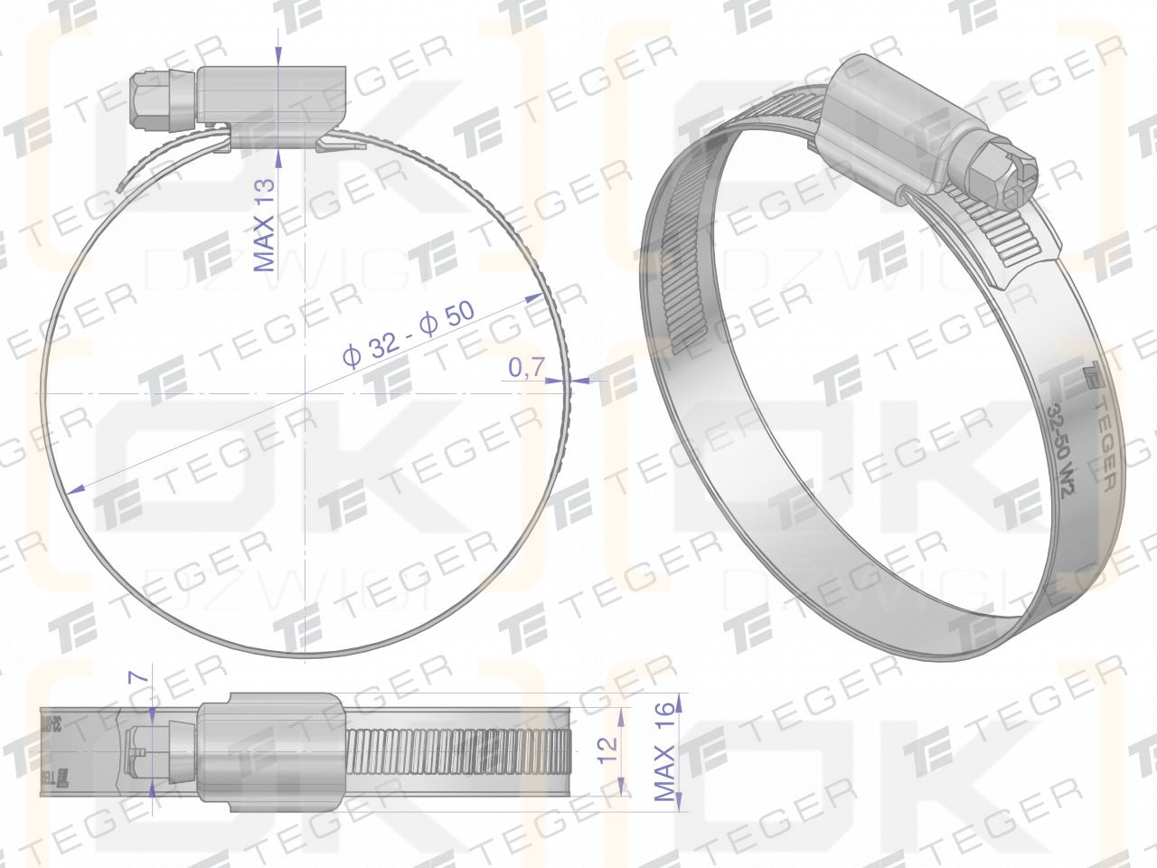 Opaska zaciskowa wzmocniona 32-50 ślimakowa (obejma W2 - stal nierdzewna) szerkość 12mm TEGER, (sprzedawane po 50)