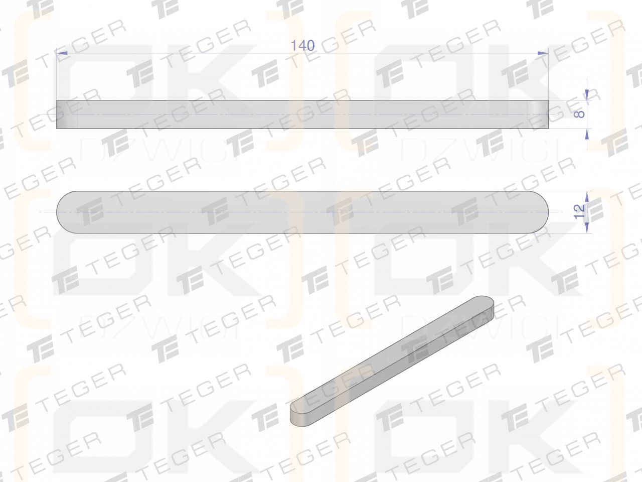 Prismatic key 12x8x140 TEGER, (sold in packs of 10)