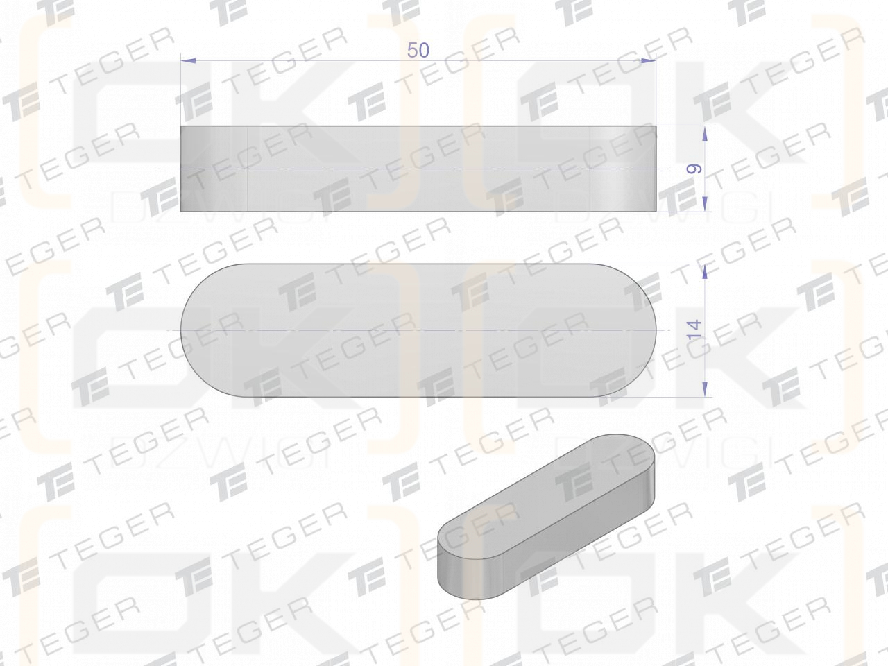 Prismatic key 14x9x50 TEGER, (sold in packs of 10)