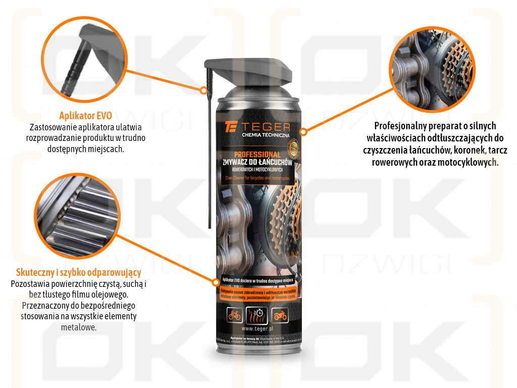 Zmywacz do łańcuchów rowerowych i motocyklowych PROFESSIONAL z aplikatorem EVO, 500ml, Teger