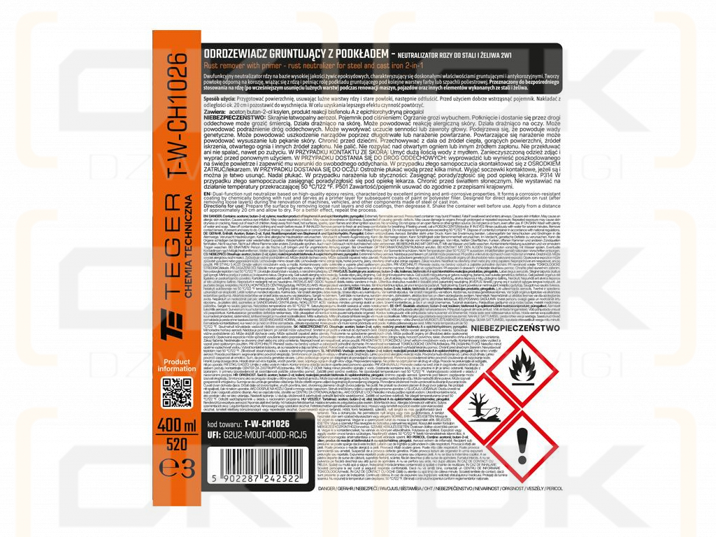 Odrdzewiacz gruntujący z podkładem - neutralizator rdzy do stali i żeliwa 2w1, 400ml, Teger