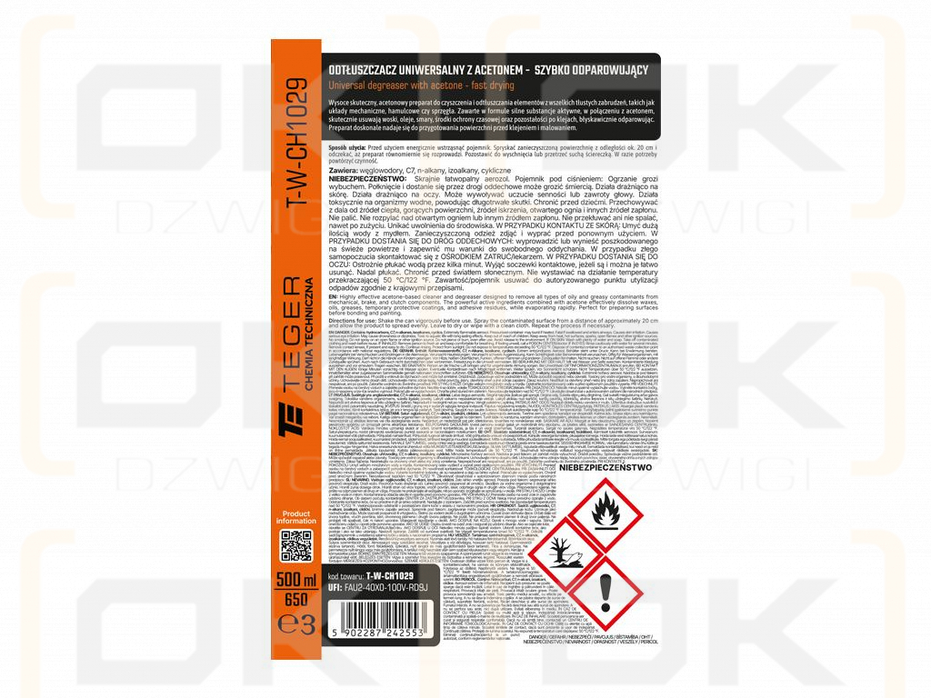 Odtłuszczacz uniwersalny z acetonem - szybko odparowujący, 500ml, Teger