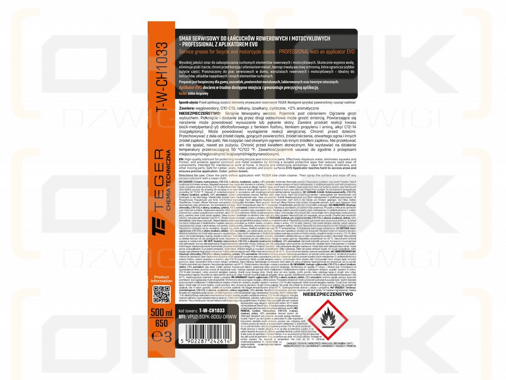 Smar serwisowy do łańcuchów rowerowych i motocyklowych PROFESSIONAL z aplikatorem EVO, 500ml, Teger