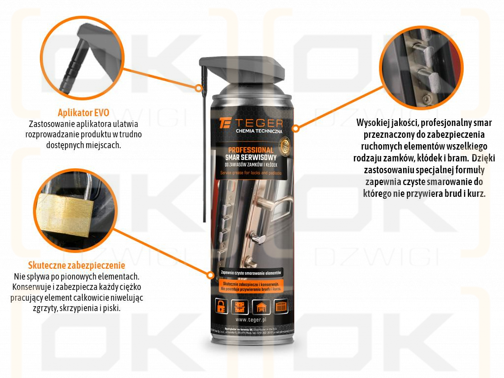Smar serwisowy do zawiasów zamków i kłódek PROFESSIONAL z aplikatorem EVO, 500ml, Teger