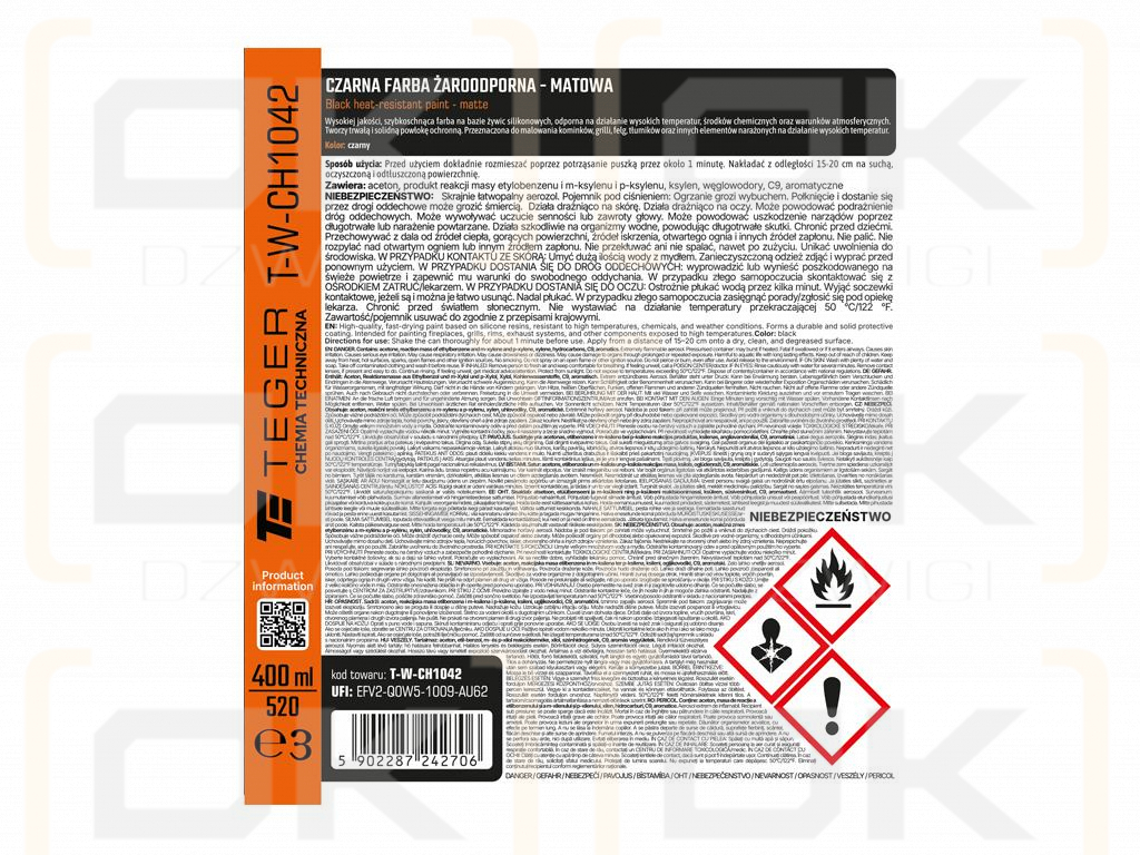 Czarna farba żaroodporna - matowa, 400ml, Teger