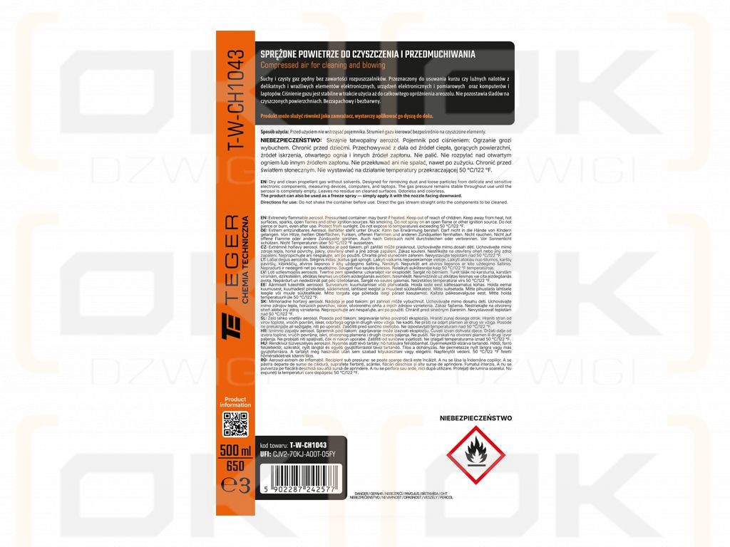 Sprężone powietrze do czyszczenia i przedmuchiwania, 500ml, Teger