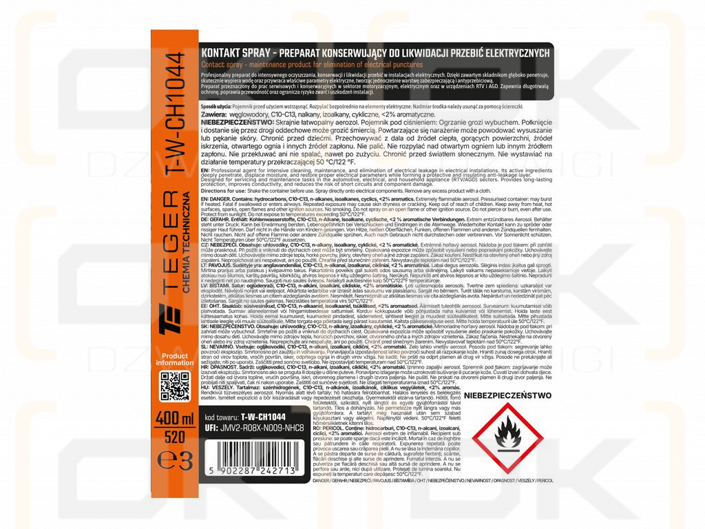 Kontakt spray - preparat konserwujący do likwidacji przebić elektrycznych, 400ml, Teger