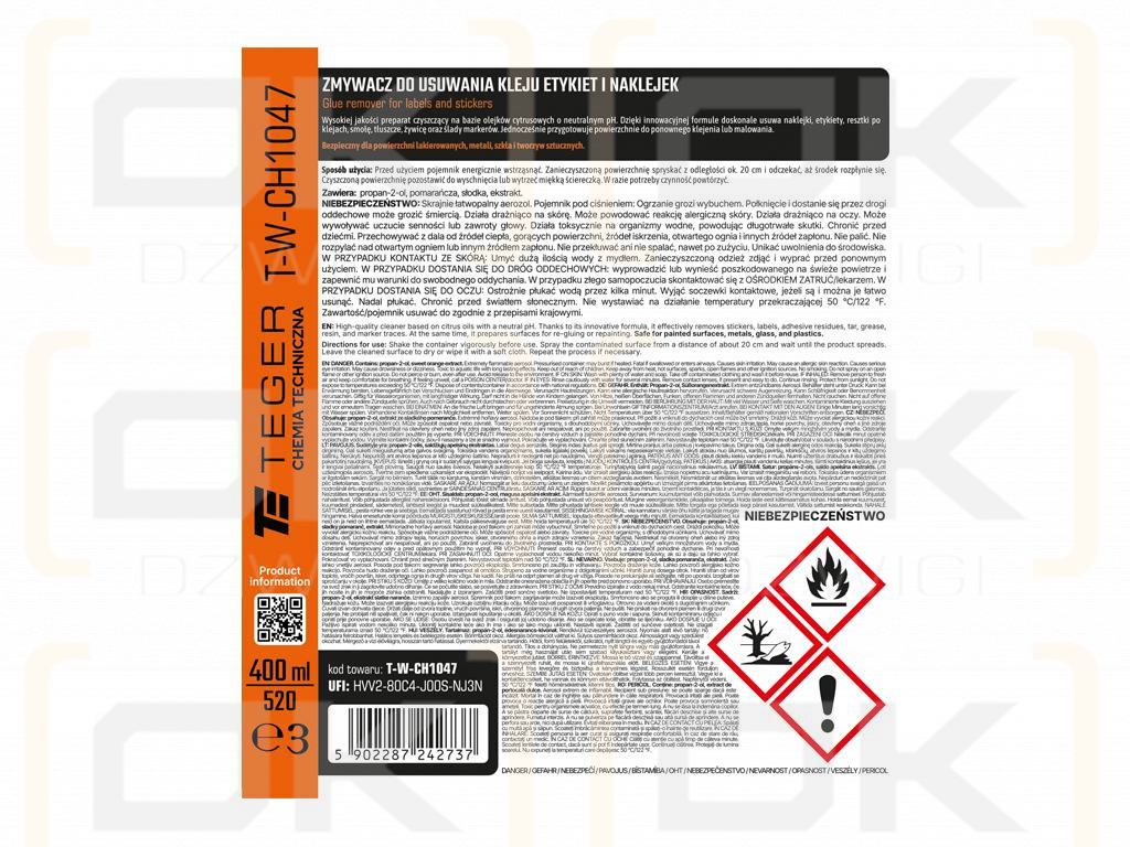 Zmywacz do usuwania kleju etykiet i naklejek, 400ml, Teger