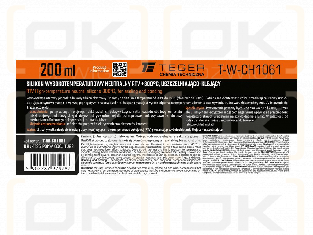 Высокотемпературный нейтральный силикон, RTV +300°C, герметик и клей, черный, 200 мл, Teger