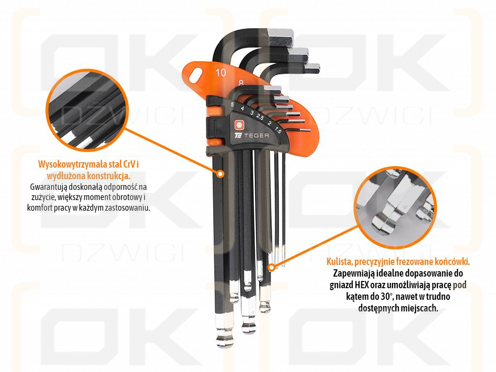 Allen key set, HEX 1.5-10 mm - LONG 9 pcs, Teger