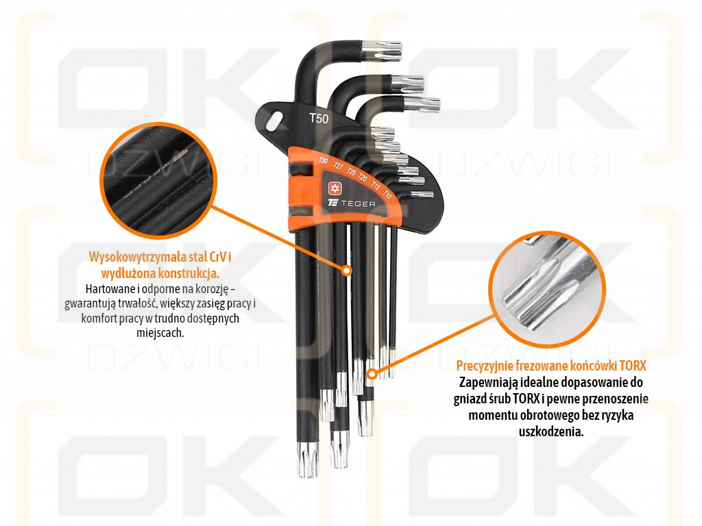 Allen key set, TORX T10-T50 - LONG 9 pcs, Teger