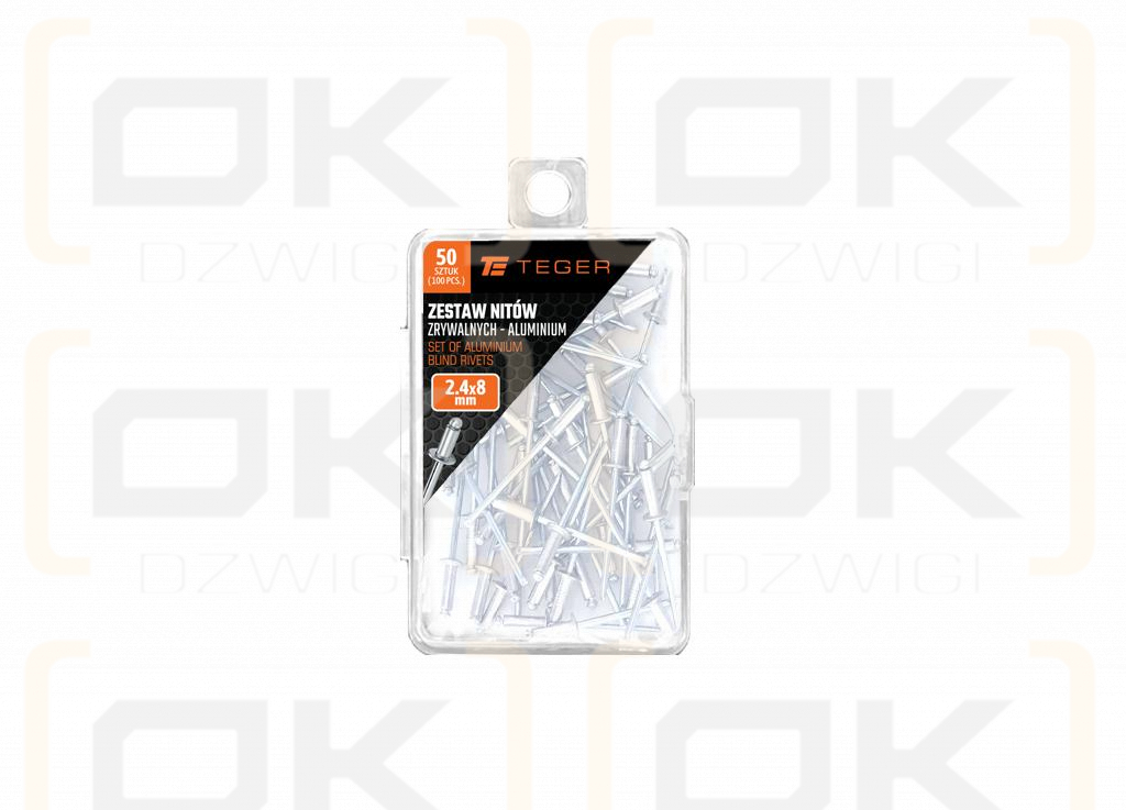 Zestaw nitów zrywalnych. aluminiowych (2.4x8mm) / 50 szt. / TEGER