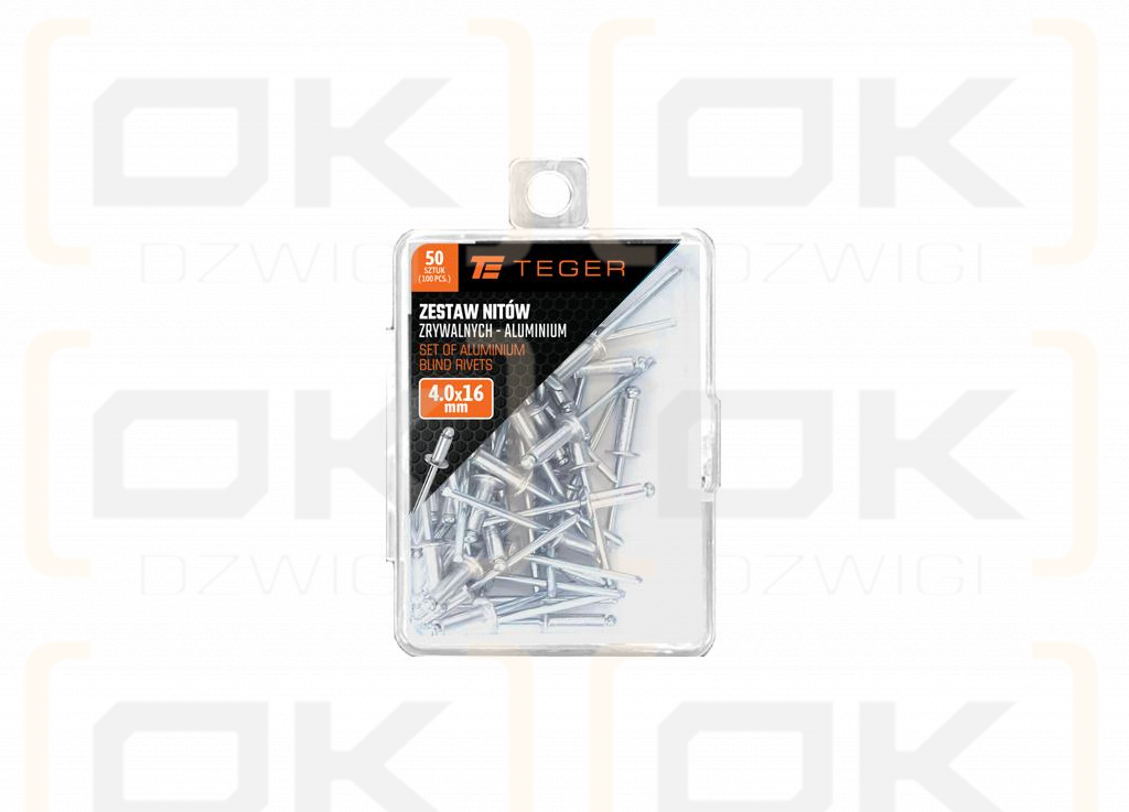 Zestaw nitów zrywalnych. aluminiowych (4.0x16mm) / 50 szt. / TEGER