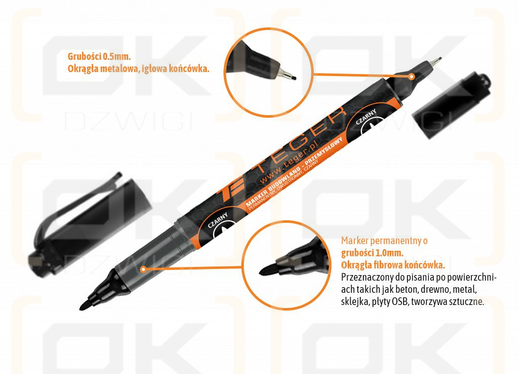 Marker budowlano - przemysłowy - czarny / dwustronny (końcówka 0.5/1.0 mm tusz czarny permanentny wodoodporny ) / TEGER (sprzedawane po 12 szt.)