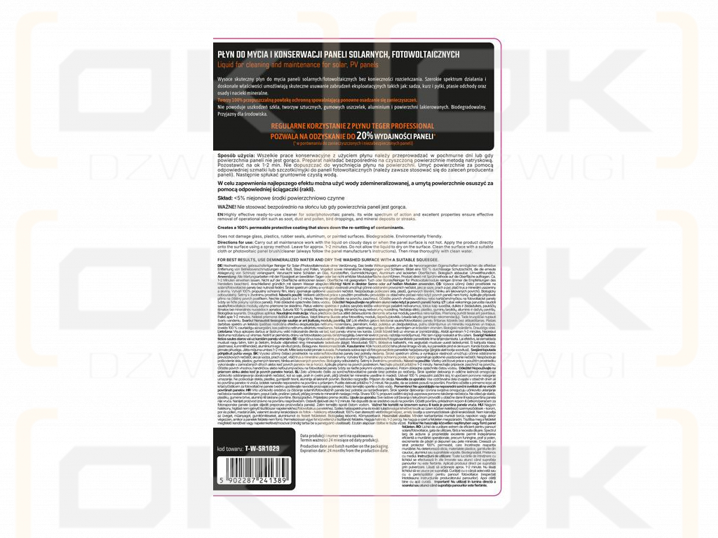 Płyn do mycia i konserwacji paneli solarnych i fotowoltaicznych PROFESSIONAL 1l - nakrętka - disc-top / TEGER