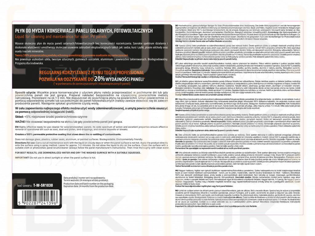 Płyn do mycia i konserwacji paneli solarnych i fotowoltaicznych PROFESSIONAL 5l / TEGER