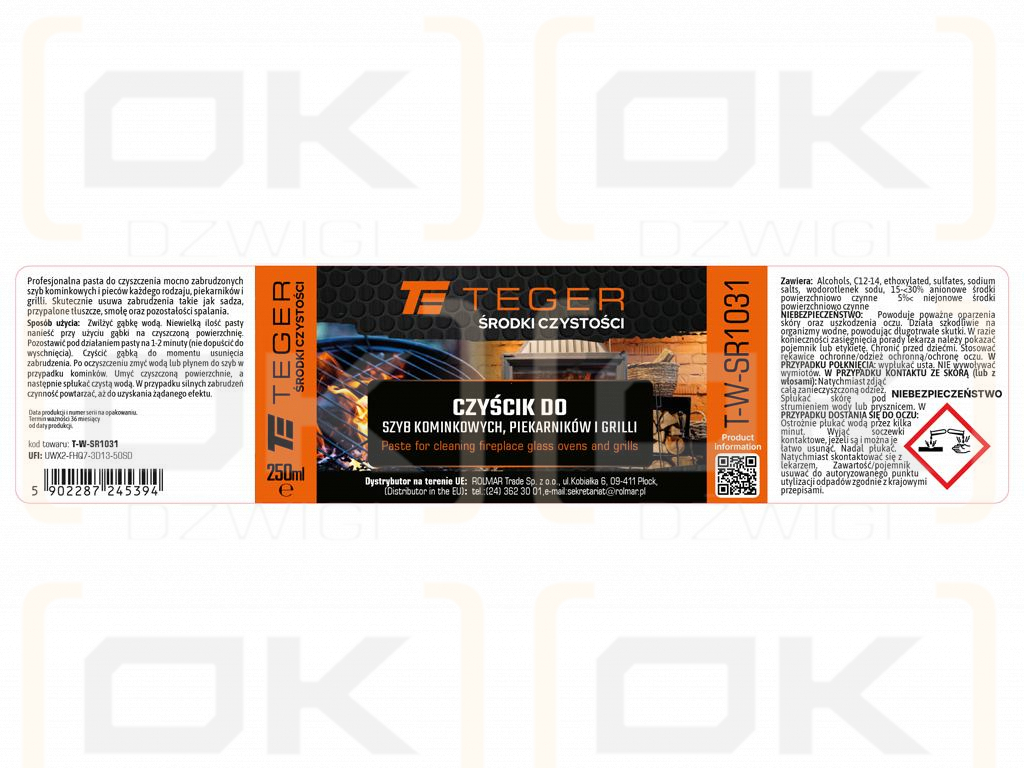 Czyścik do szyb kominkowych, piekarników i grili, 250 ml., Teger