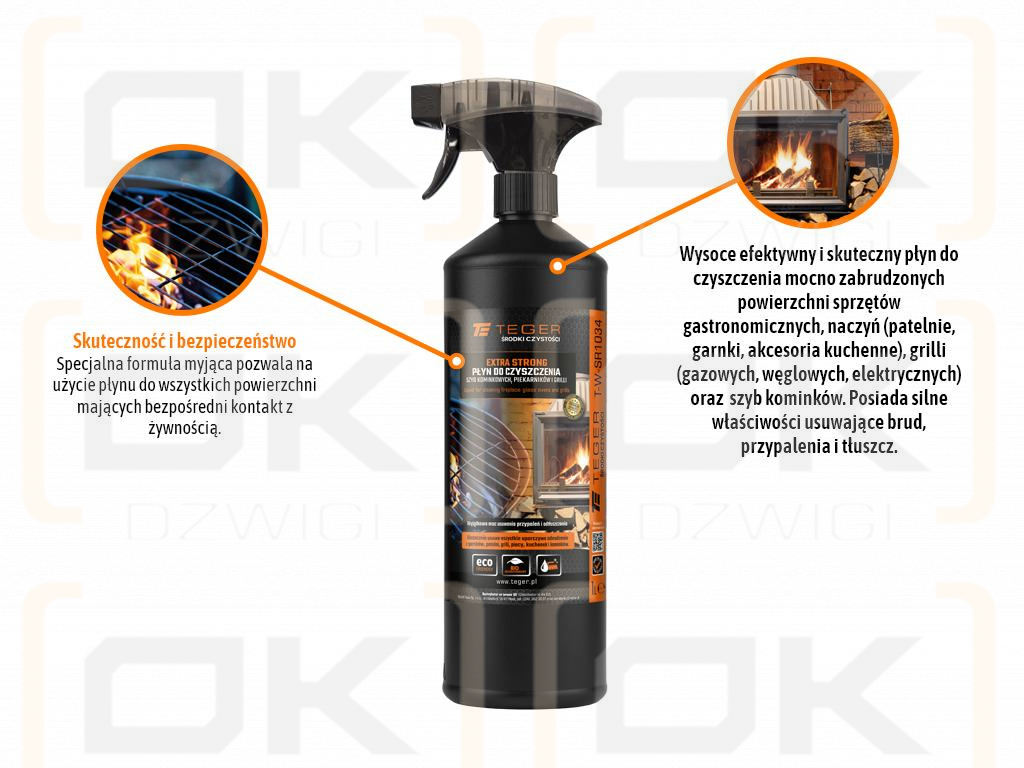 Płyn do czyszczenia szyb kominkowych, piekarników i grili EXTRA STRONG, 1l - atomizer, Teger