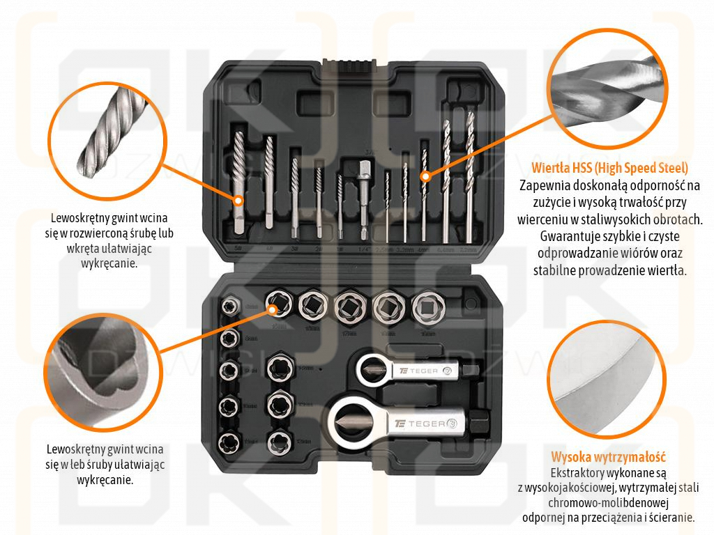 Ausdreher- und Steckschlüsselsatz für beschädigte Schrauben, Muttern und Stehbolzen 26-tlg. - geschmiedet/Cr-Mo-Stahl, Teger