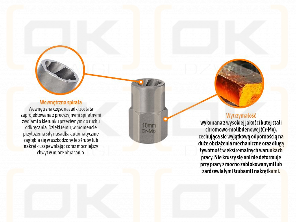 Nasadka do odkręcania uszkodzonych śrub i nakrętek, (10mm) - kute/ stal Cr-Mo, Teger