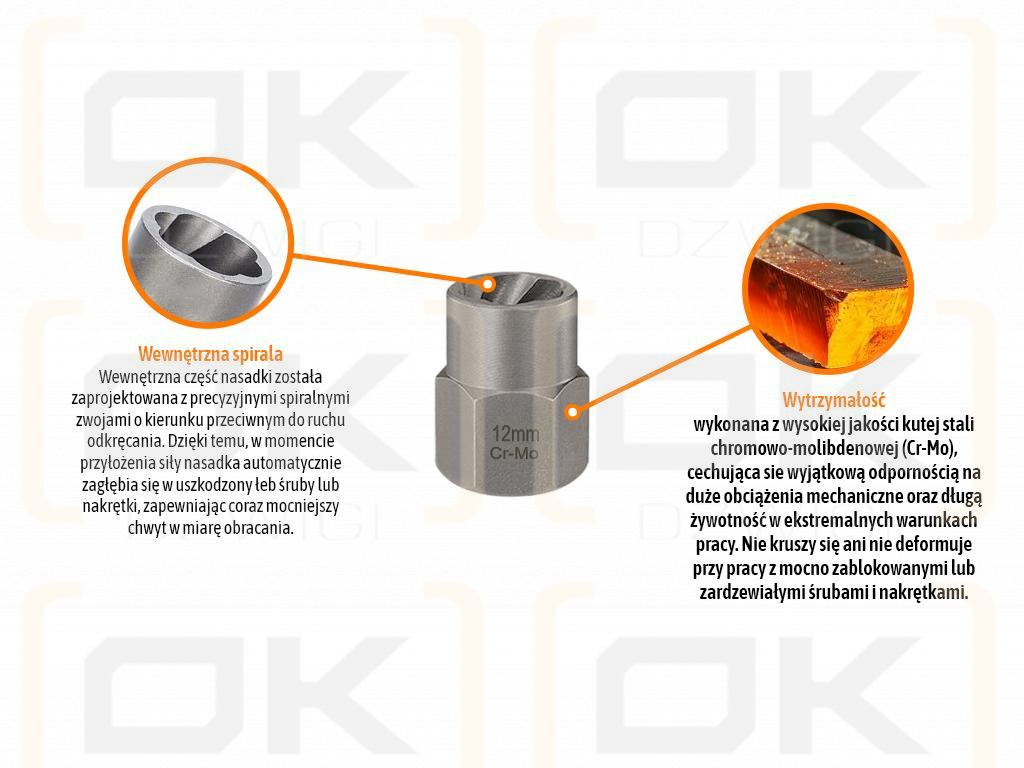 Nasadka do odkręcania uszkodzonych śrub i nakrętek, (12mm) - kute/ stal Cr-Mo, Teger