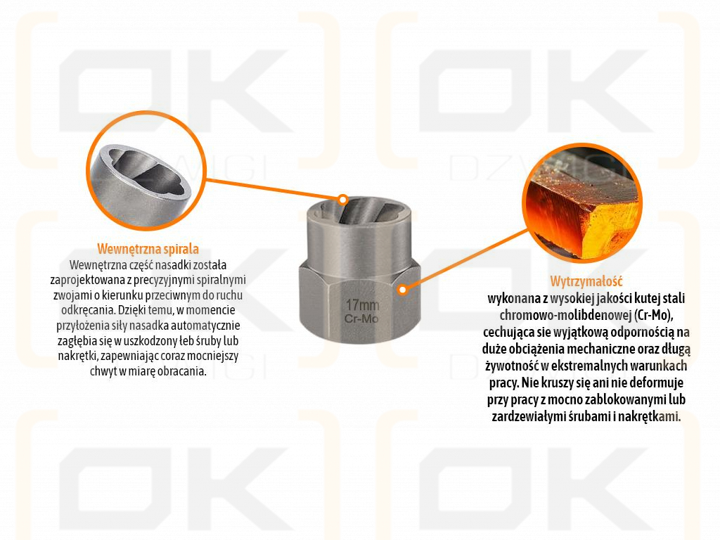 Nasadka do odkręcania uszkodzonych śrub i nakrętek, (17mm) - kute/ stal Cr-Mo, Teger