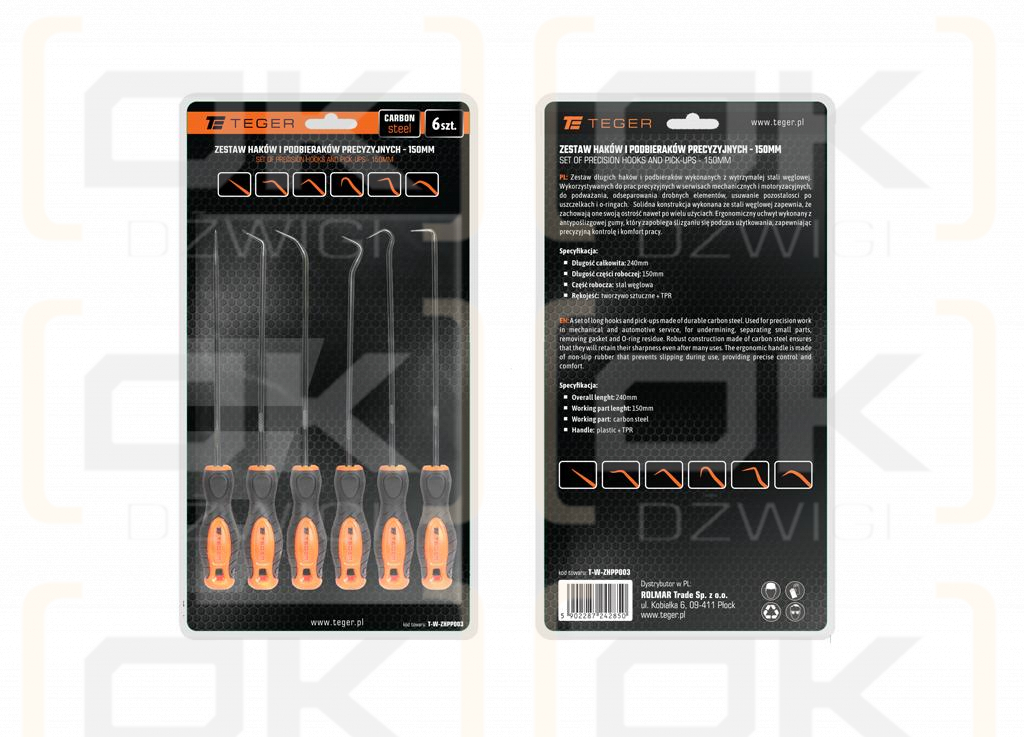 Zestaw haków i podbieraków precyzyjnych, 150mm (6 szt), Teger