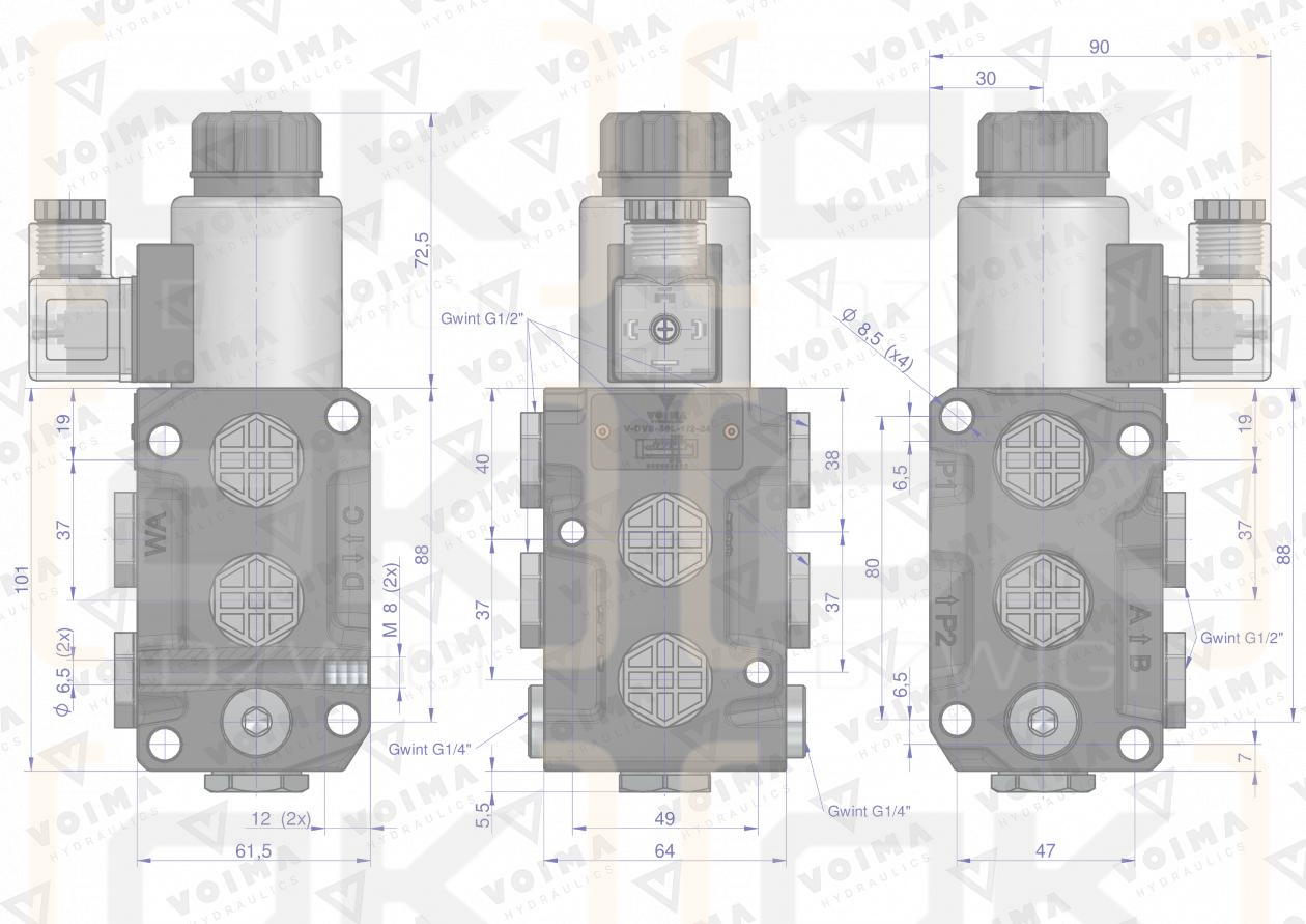 Dzielnik. zawór. elektrozawór kierunkowy elektromagnetyczny kontroli (DVS6/50L) (24V DC) 6/2 G1/2 50L VOIMA