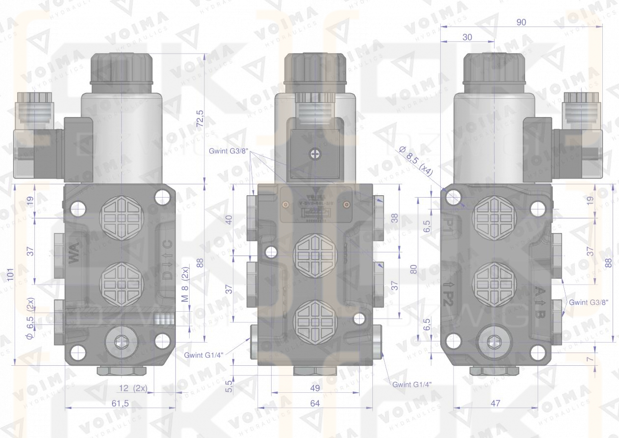 Dzielnik. zawór. elektrozawór kierunkowy elektromagnetyczny kontroli (DVS6/50 L/MIN) 12V DC 6/2 G3/8 50L VOIMA