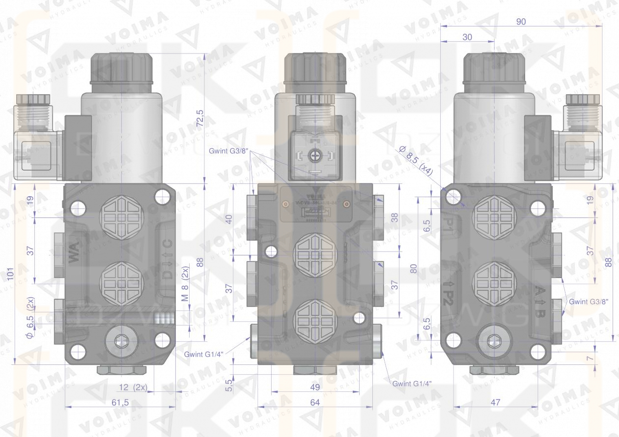 Dzielnik. zawór. elektrozawór kierunkowy elektromagnetyczny kontroli (DVS6/50 L/MIN) (24V DC) 6/2 G3/8 50L VOIMA