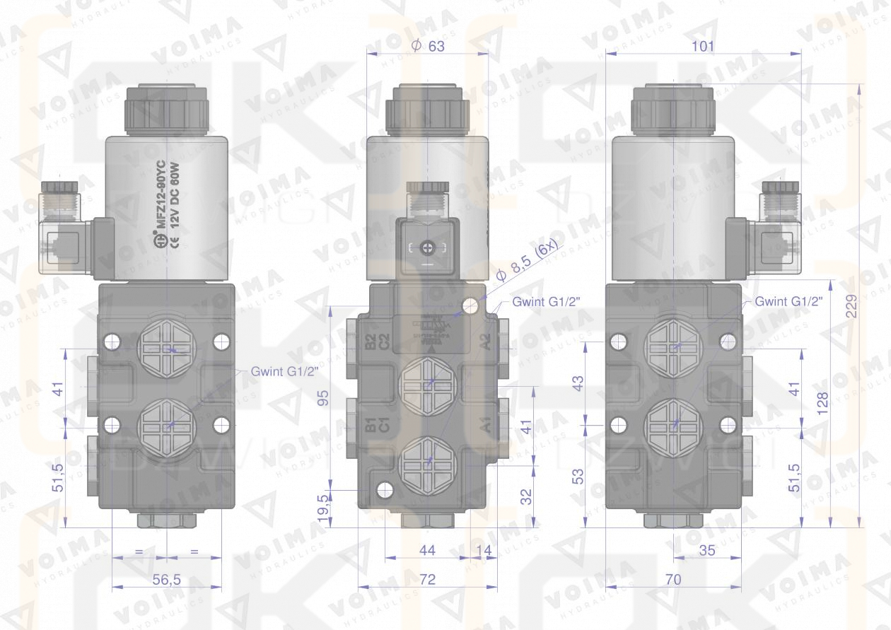 Dzielnik. zawór. elektrozawór kierunkowy elektromagnetyczny kontroli (SVV6/2-90L) 12V DC 6/2 G1/2 80L VOIMA