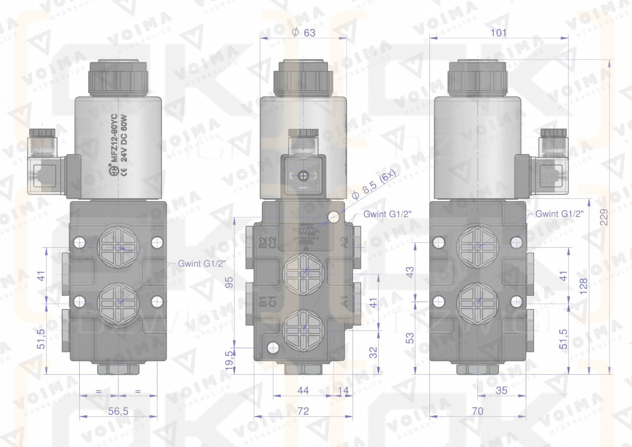 Dzielnik. zawór. elektrozawór kierunkowy elektromagnetyczny kontroli (SVV6/2-90L) (24V DC) 6/2 G1/2 80L VOIMA