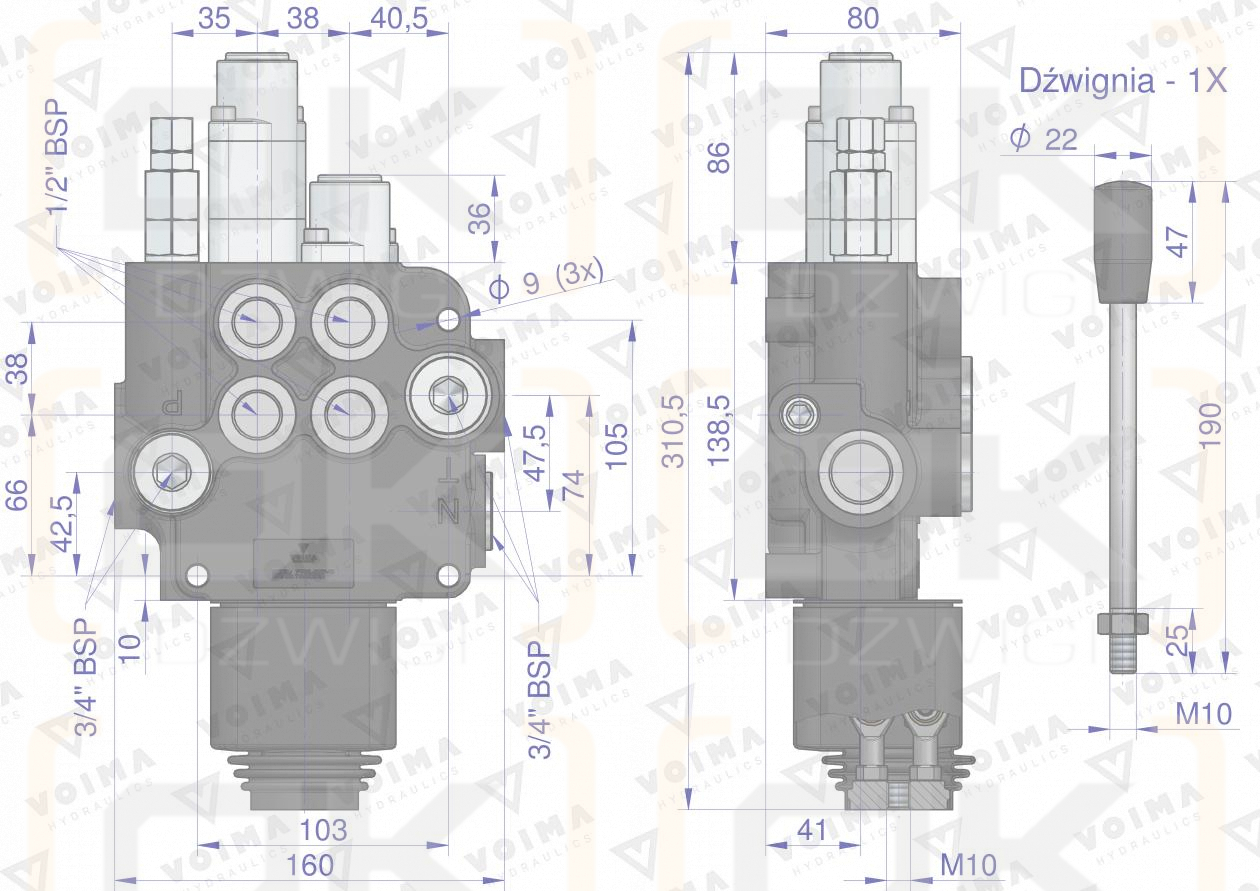 Rozdzielacz hydrauliczny 2-sekcyjny 80L (1-sekcja pływająca) z joystickiem  VOIMA
